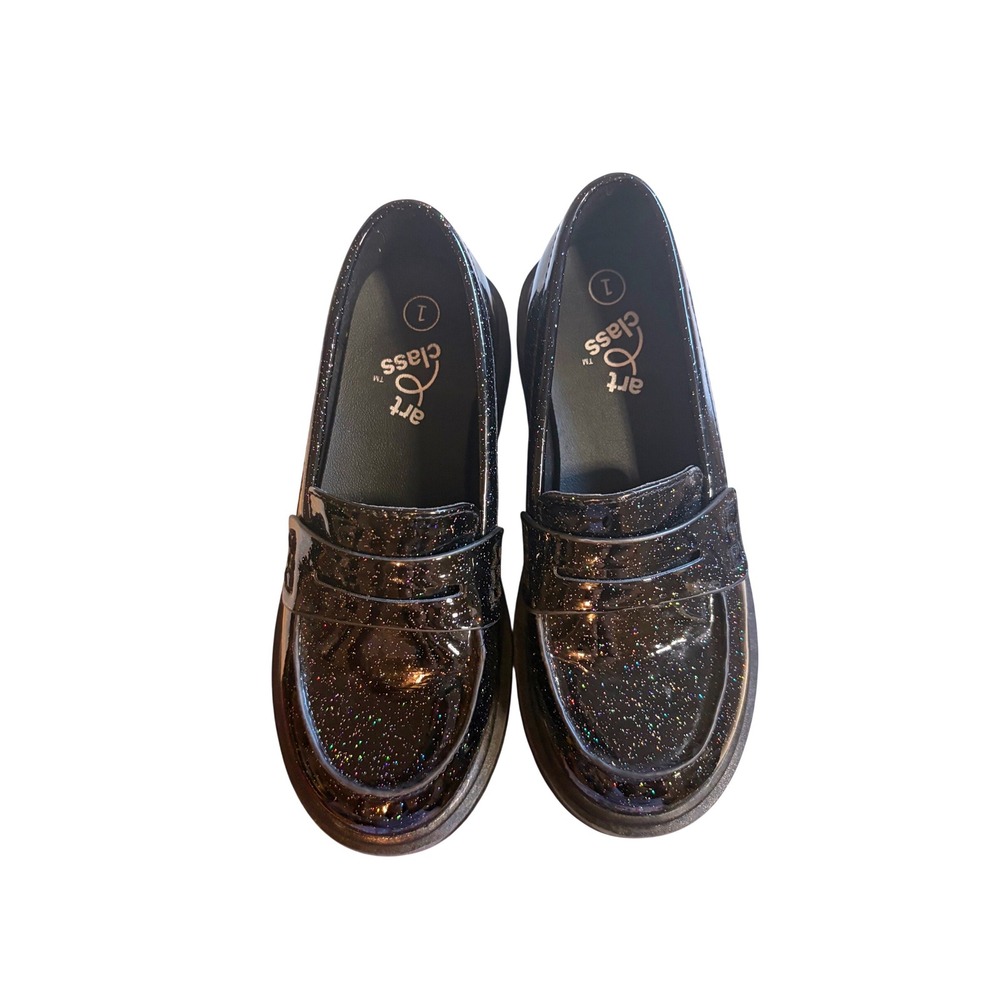 Art Class Kids Black Glitter Penny Loafers Lug Sole Platform Shoes Size 1